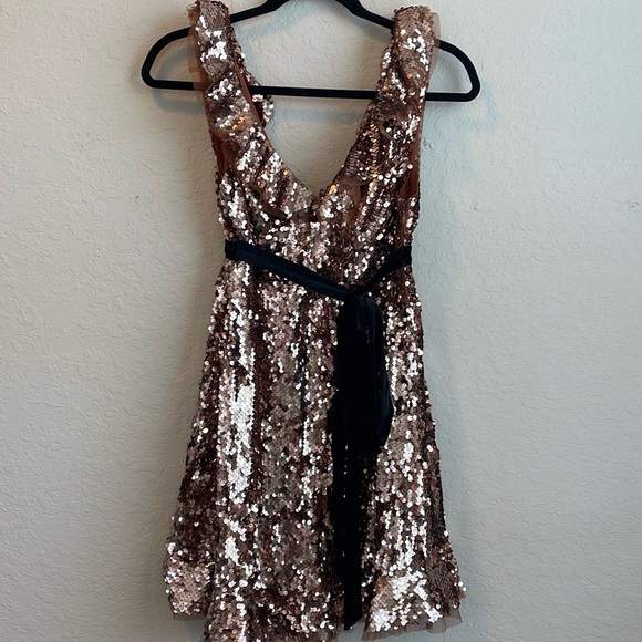Free People Dresses & Skirts - NWT Free People Tribeca Sequin Ruffle Brown Dress Velvet Bow Size 0